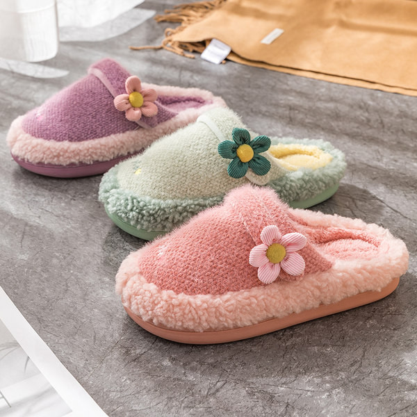 Papuci de casă moderni pentru femei, cu căptușeală moale și floare decorativă