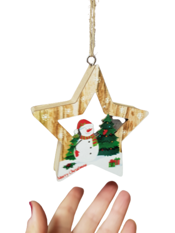 Коледна украса Ahelos, Звезда, Светеща, Дървена, 10 см