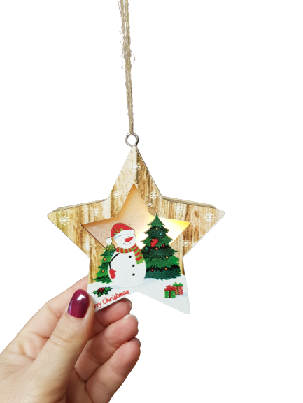 Коледна украса Ahelos, Звезда, Светеща, Дървена, 10 см