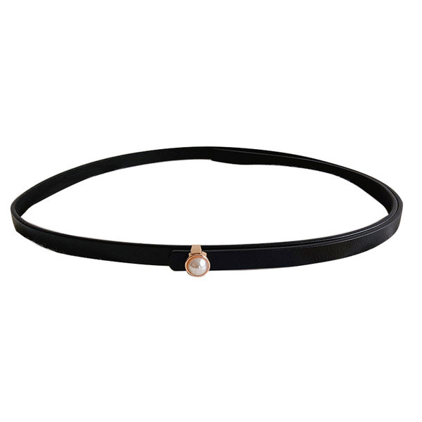 Тънък дамски кожен колан с перла в черен цвят