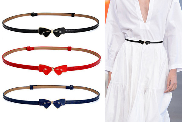 Stílusos női vékony bőr öv szalaggal