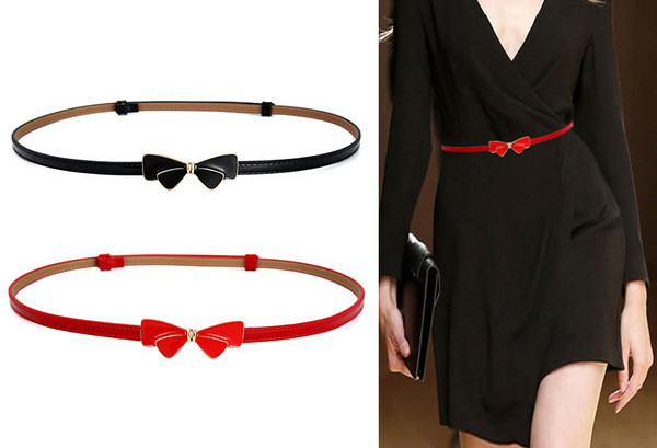 Stílusos női vékony bőr öv szalaggal