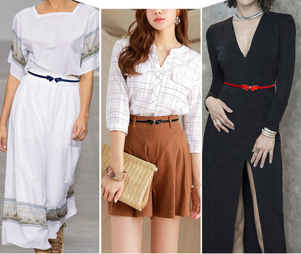 Stílusos női vékony bőr öv szalaggal