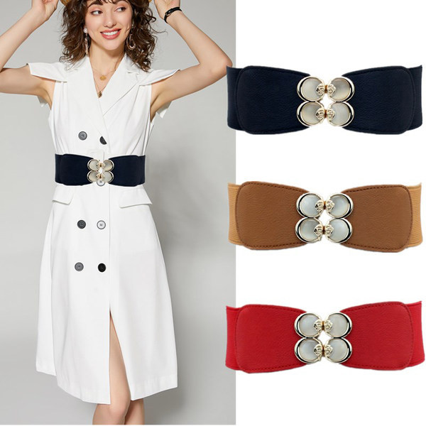 Дамски широк колан с метално закопчаване и камъни