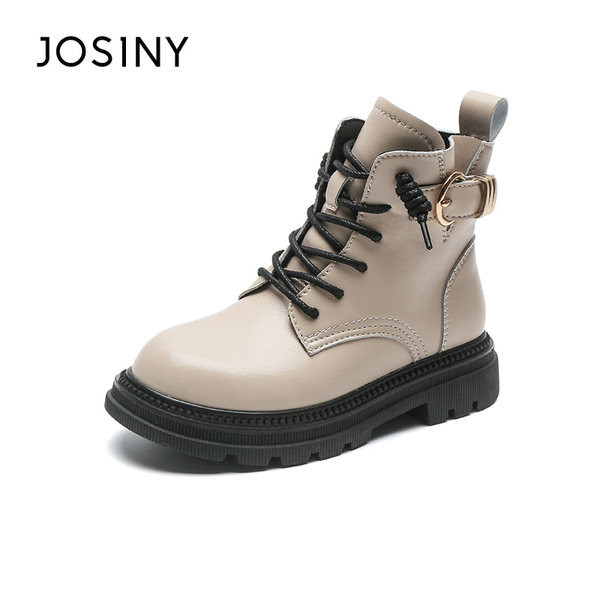 Bőr gyerekcsizma fűzővel és csattal fekete és bézs színben