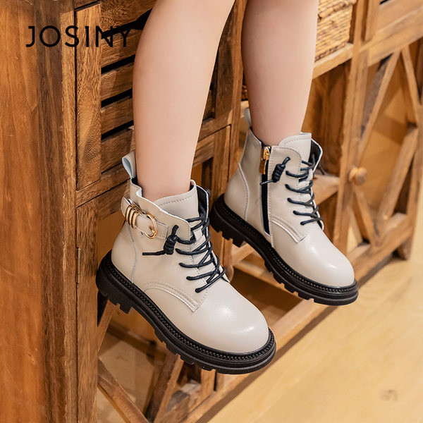 Bőr gyerekcsizma fűzővel és csattal fekete és bézs színben