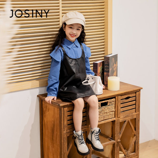 Bőr gyerekcsizma fűzővel és csattal fekete és bézs színben