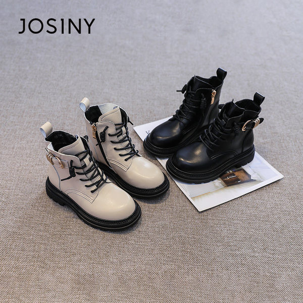 Bőr gyerekcsizma fűzővel és csattal fekete és bézs színben