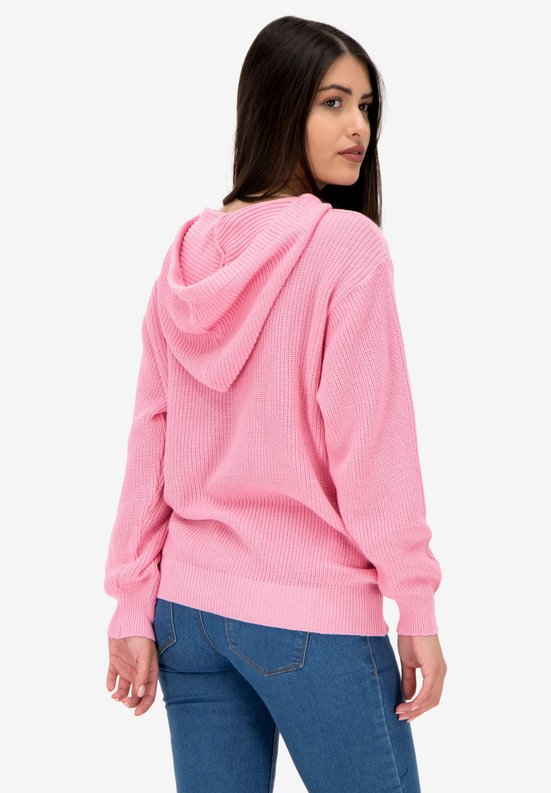 Дълга жилетка на райета с изчистени линии и качулка в розово