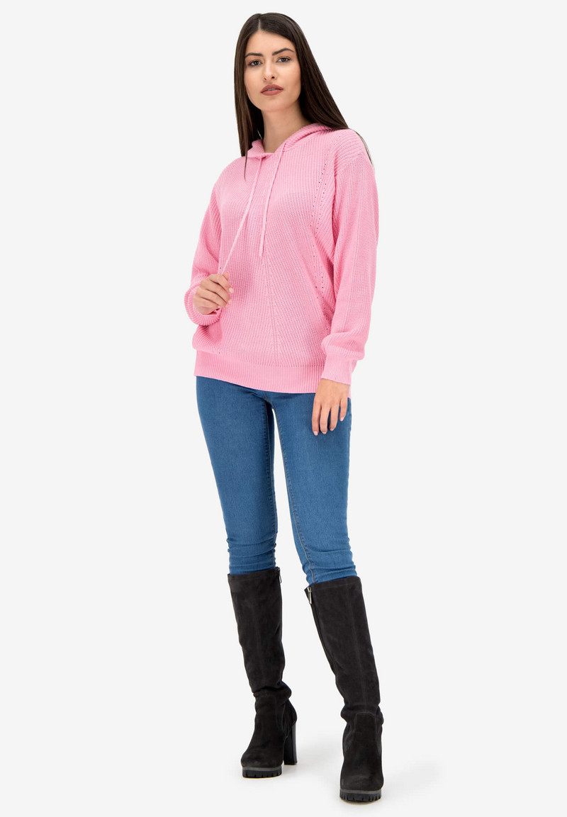 Дълга жилетка на райета с изчистени линии и качулка в розово