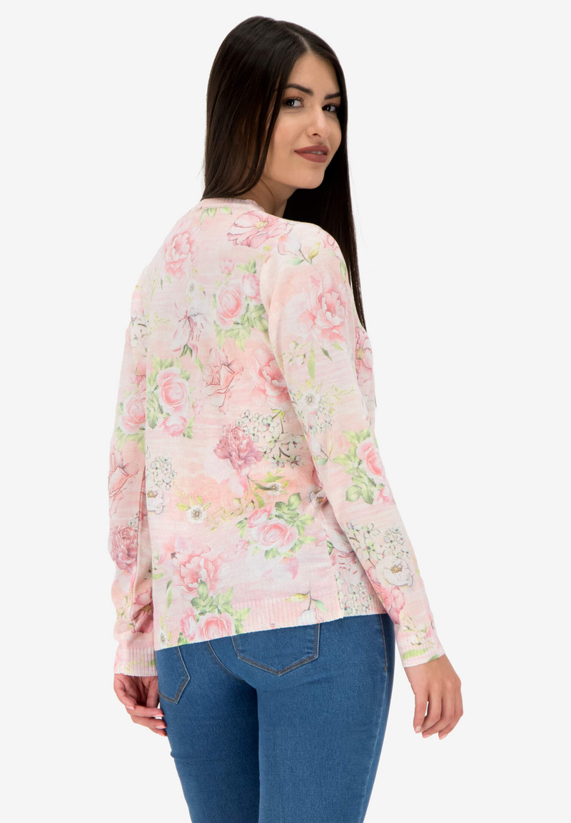 Изящно плетен пуловер с флорални щампи от мека прежда 