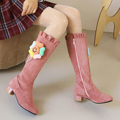Cizme de piele intoarsa pentru copii cu toc 3 cm si decor 3D