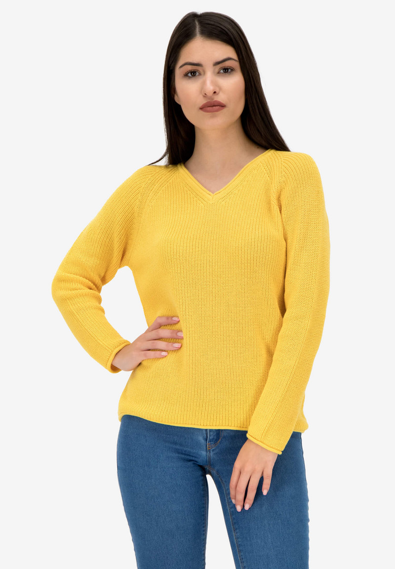 Дамски пуловер в жълто раглан ръкави и V-образно деколте