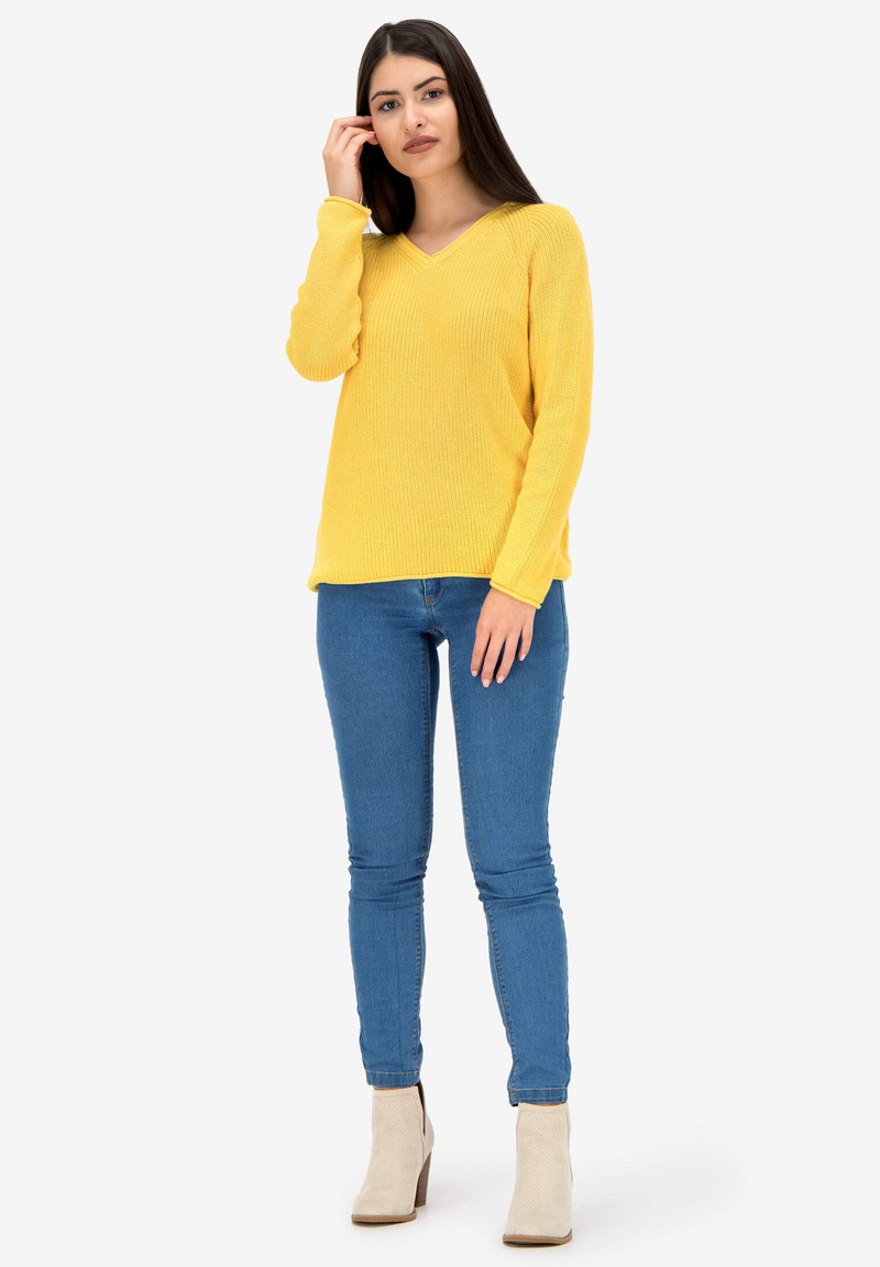 Дамски пуловер в жълто раглан ръкави и V-образно деколте