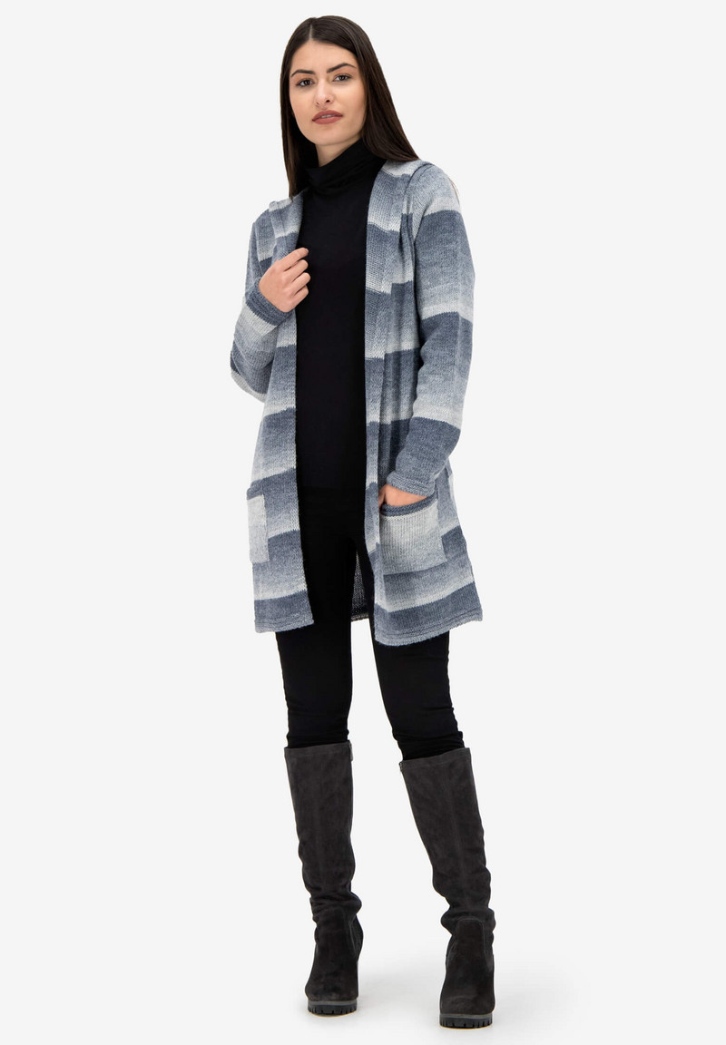 Дълга жилетка на сини райета с изчистени линии и качулка