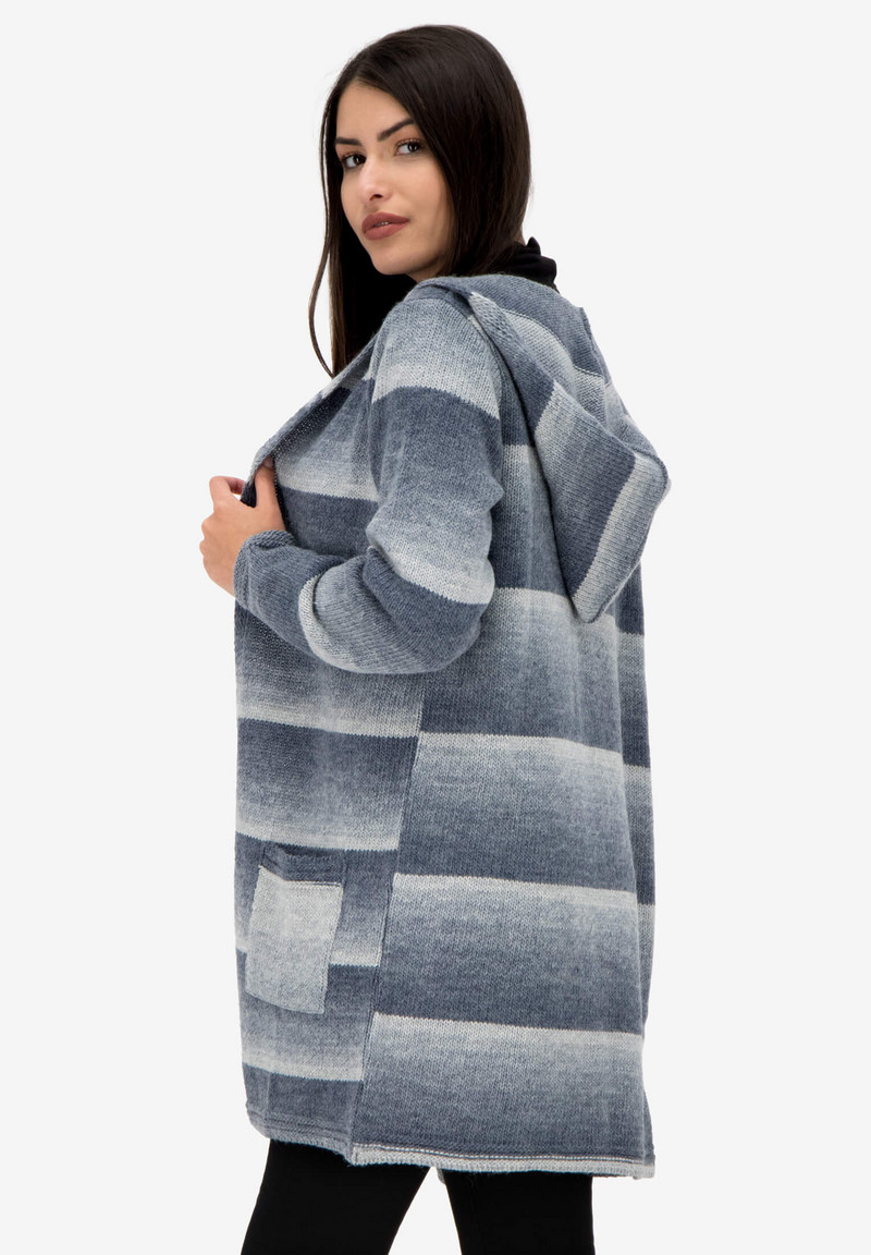 Дълга жилетка на сини райета с изчистени линии и качулка
