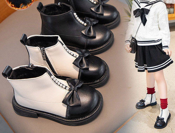 Παιδικά έκο δερμάτινα μποτάκια με κορδέλα και πέρλες