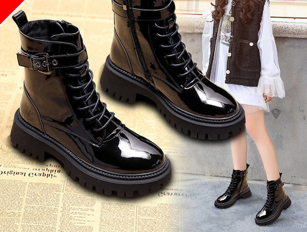 Gyerek modern lakkbőr csizma csattal és cipzárral lányoknak