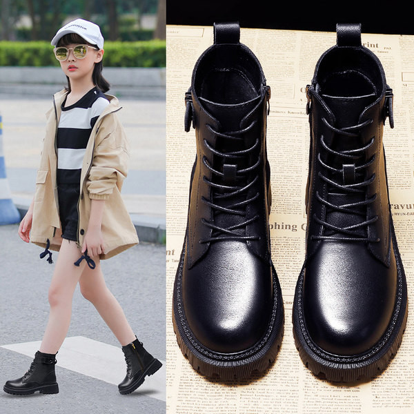 Cizme de iarna pentru copii din imitatie de piele de culoare neagra