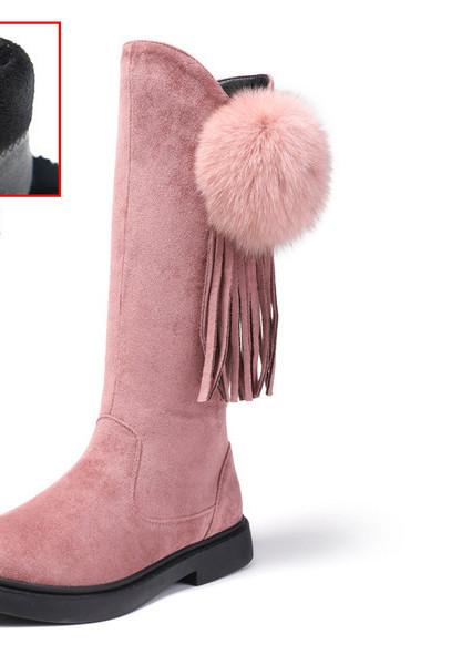 Детски велурени ботуши с връзки и еко пух 