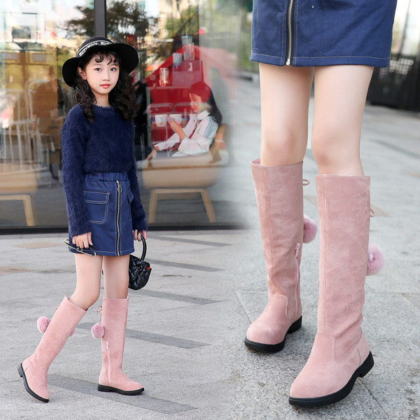 Детски велурени ботуши с връзки и еко пух 