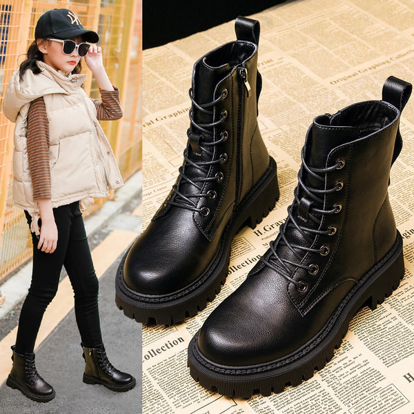 Παιδικά μοντέρνα μαύρα έκο δερμάτινα μποτάκια με κορδόνια