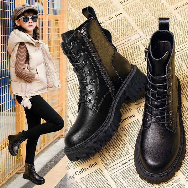 Παιδικά μοντέρνα μαύρα έκο δερμάτινα μποτάκια με κορδόνια