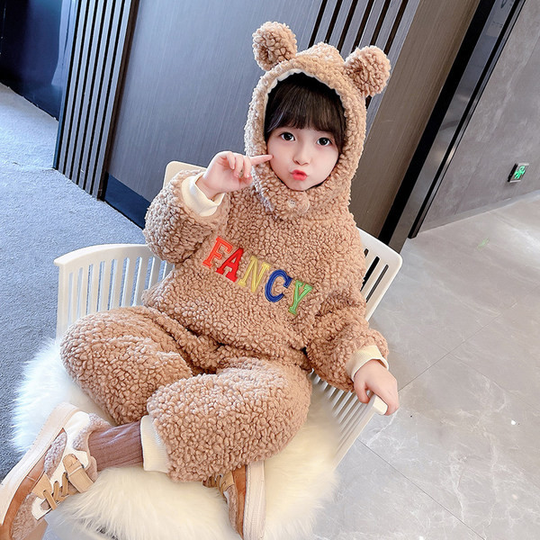 Set de pluș pentru copii din două părți cu inscripție și glugă brodate