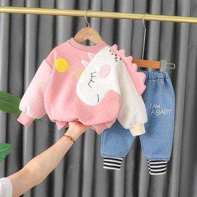 Set de bluza de iarna pentru copii cu element 3D si blugi cu captuseala calda