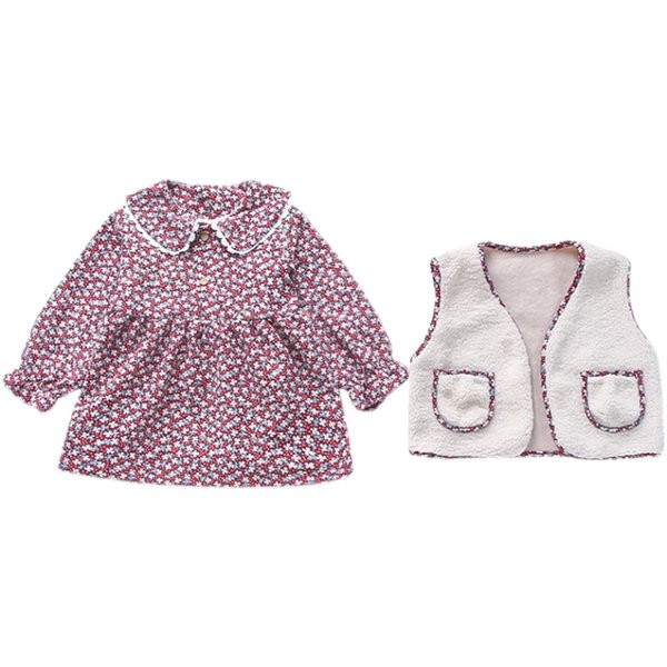 Σετ μοντέρνο παιδικό φόρεμα με φλοράλ μοτίβο και γιλέκο