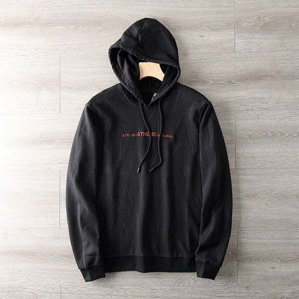 Férfi pulóver kapucnival és fekete felirattal