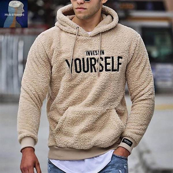 Hanorac bărbătesc din puf cu broderie și glugă