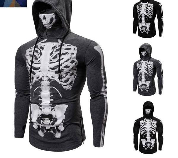 Мъжки суичър с апликация скелет -с качулка и връзки