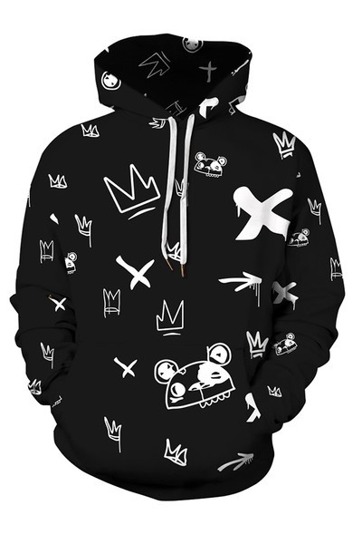 Ανδρικό φούτερ με κουκούλα και στάμπα - σε μαύρο χρώμα