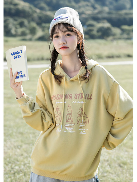 Καθημερινό φαρύ φούτερ με απλικέ και κουκούλα για γυναίκες