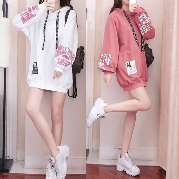 Καθημερινό φαρύ φούτερ με έμβλημα και  κορδόνια για γυναίκες