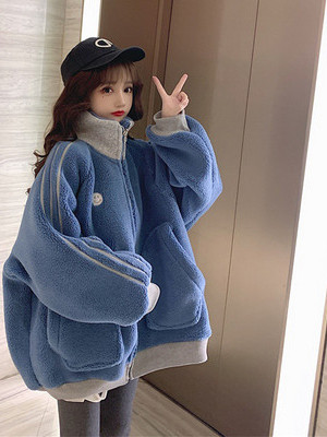 Lamb wool sweater women`s autumn and winter 2021 plus velvet thickening net red ins tide large size loose stand-up collar cardigan jacket