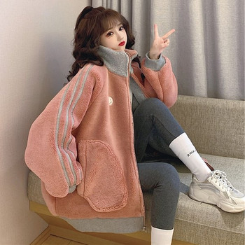 Lamb wool sweater women\'s autumn and winter 2021 plus velvet thickening net red ins tide large size loose stand-up collar cardigan jacket