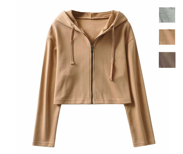 Hanorac scurt de dama cu fermoar si gluga