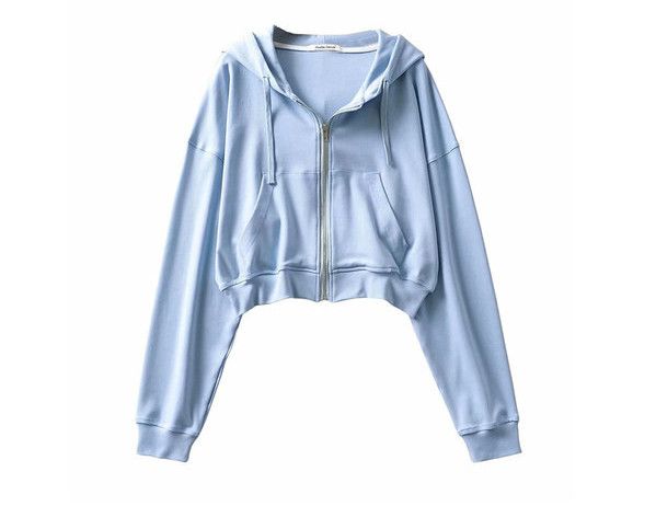 Rövid női pulóver cipzárral és kapucnival