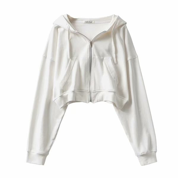 Rövid női pulóver cipzárral és kapucnival