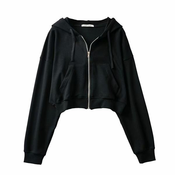 Rövid női pulóver cipzárral és kapucnival