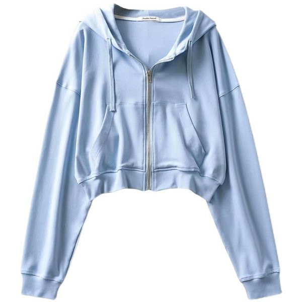 Rövid női pulóver cipzárral és kapucnival