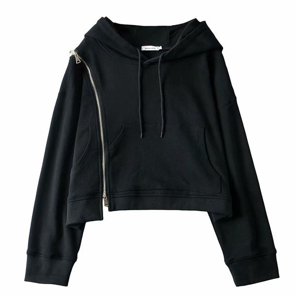 Γυναικείο κοντό φούτερ με κούμπωμα στο πλάι και κουκούλα