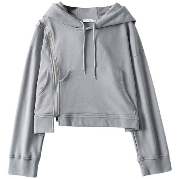 Γυναικείο κοντό φούτερ με κούμπωμα στο πλάι και κουκούλα