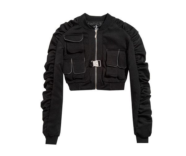 Rövid női pulóver fekete cipzárral és zsebekkel