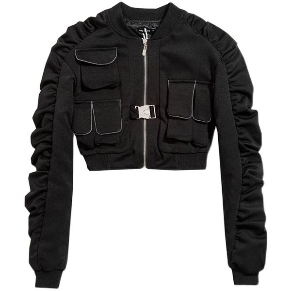 Rövid női pulóver fekete cipzárral és zsebekkel