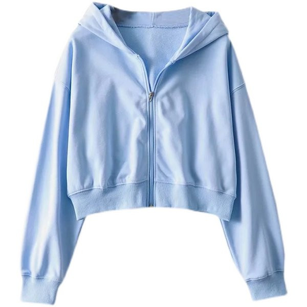 Hanorac scurt pentru femei, cu glugă și închidere cu fermoar