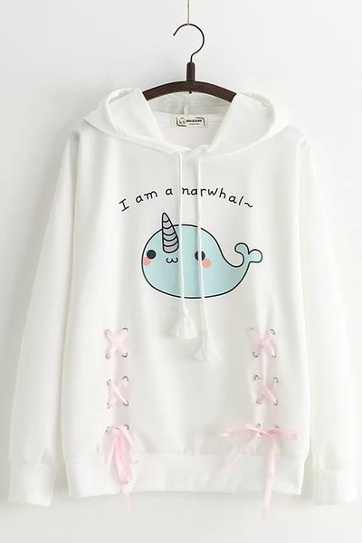 Hanorac de dama model nou cu gluga si aplicatie - alb si roz