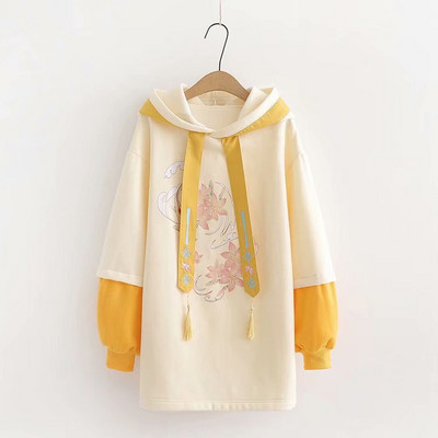 Hanorac lung de dama cu gluga si aplicatie colorata